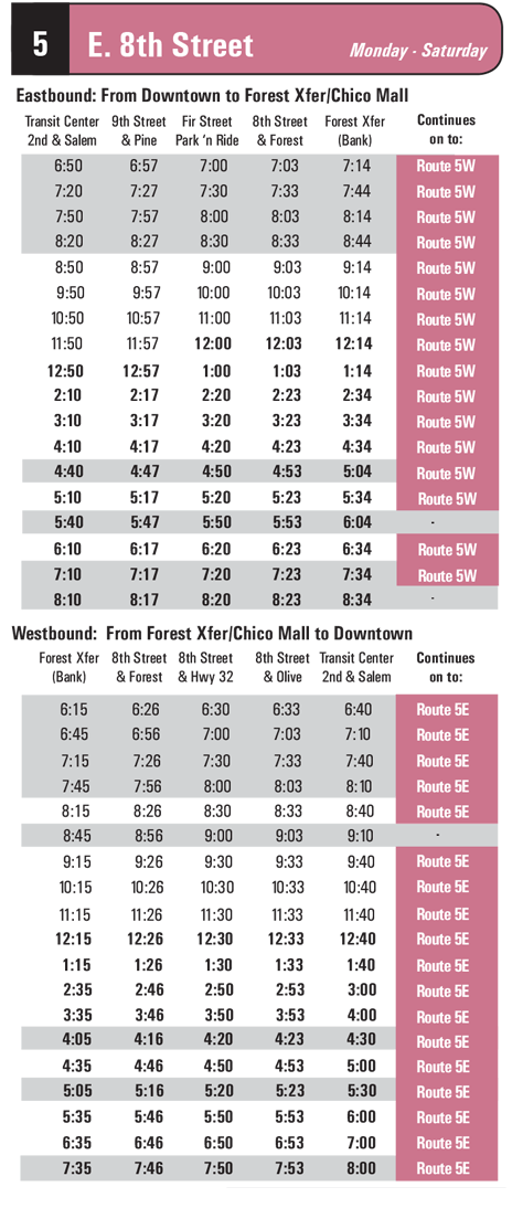 Schedule for Route 5